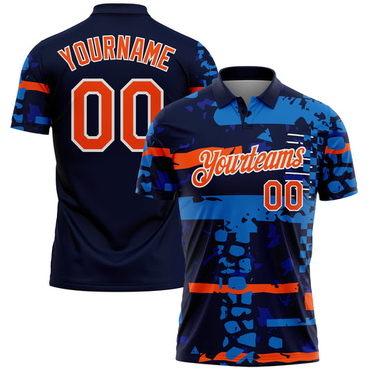 Custom Navy Orange-White Abstract Geometric Grunge Fragment Performance Polo Shirt - Main View