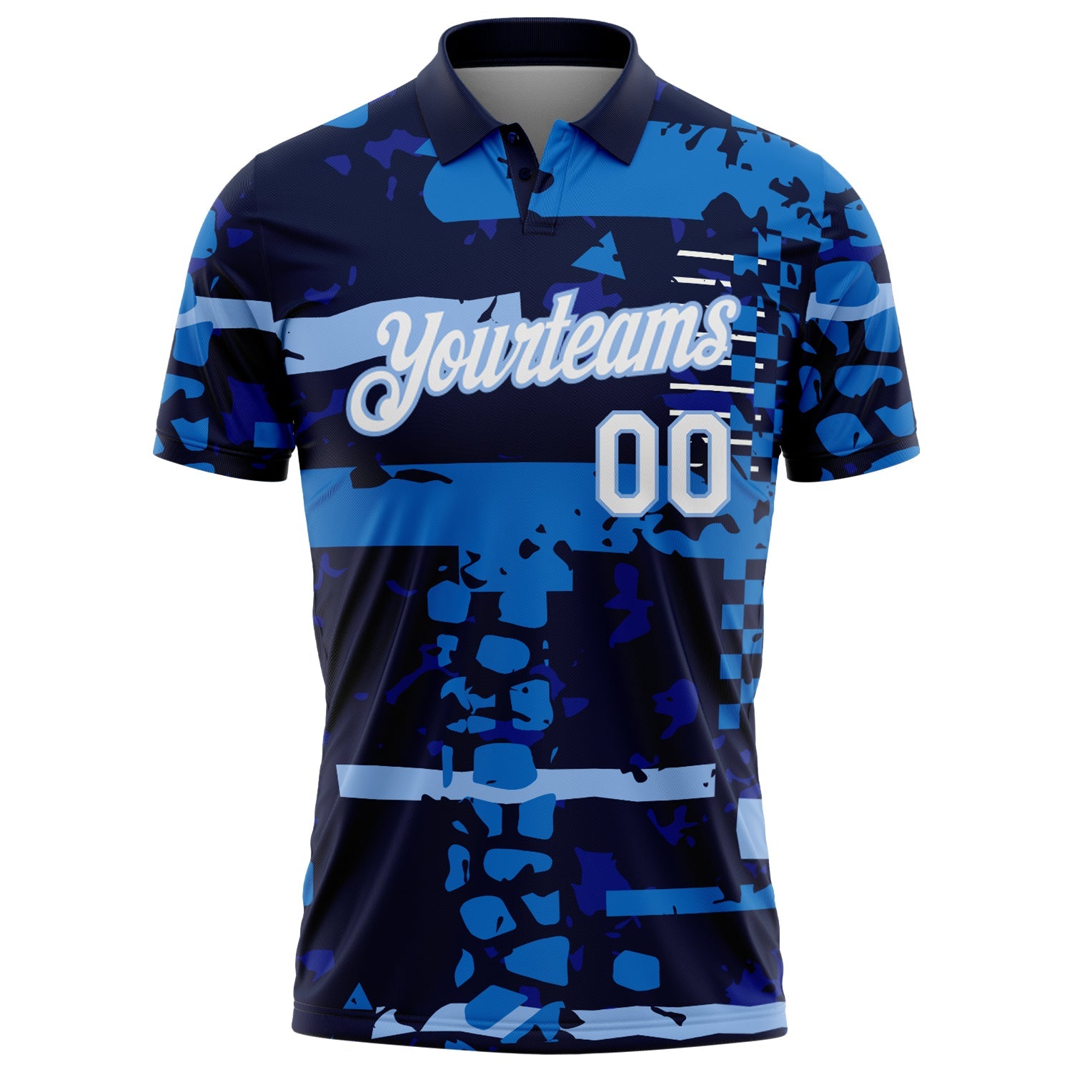 Custom Navy White-Light Blue Abstract Geometric Grunge Fragment Performance Polo Shirt view 2