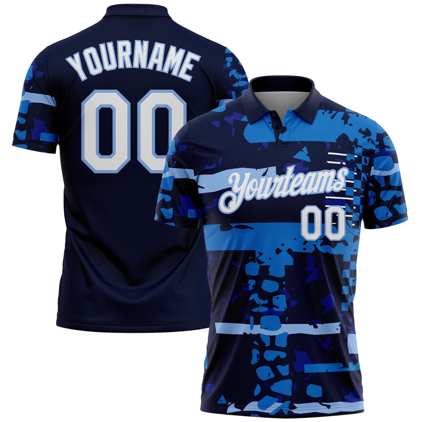 Custom Navy White-Light Blue Abstract Geometric Grunge Fragment Performance Polo Shirt - Main View