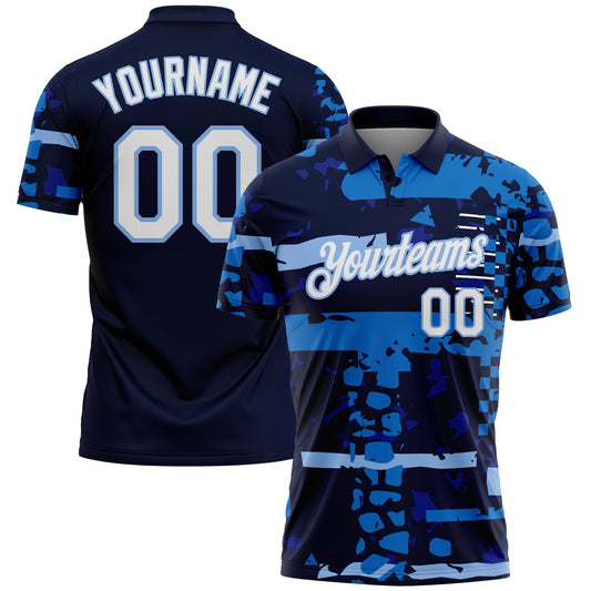 Custom Navy White-Light Blue Abstract Geometric Grunge Fragment Performance Polo Shirt - Main View