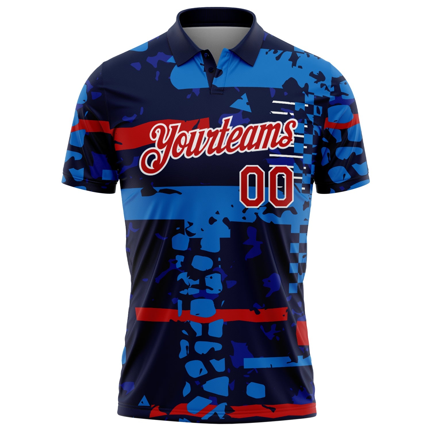 Custom Navy Red-White Abstract Geometric Grunge Fragment Performance Polo Shirt view 2