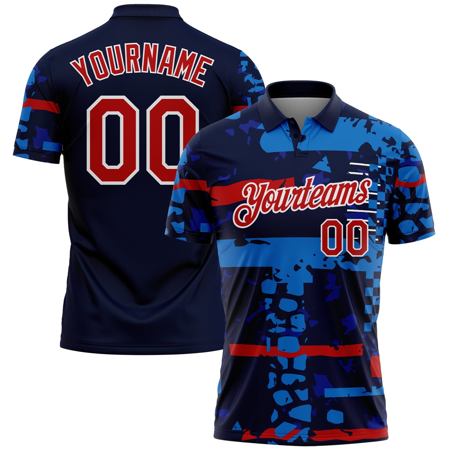 Custom Navy Red-White Abstract Geometric Grunge Fragment Performance Polo Shirt - Main View