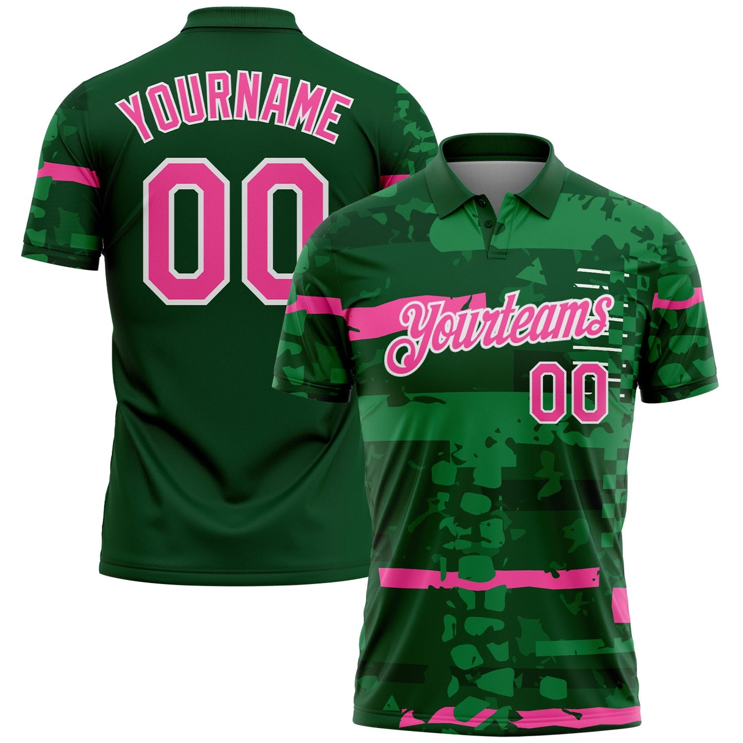 Custom Green Pink-White Abstract Geometric Grunge Fragment Performance Polo Shirt - Main View