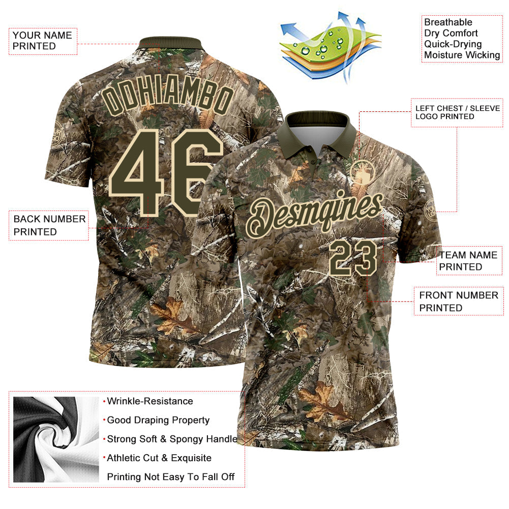 Custom Camo Olive-Cream Woodland Forest Camouflage Salute To Service Performance Polo Shirt view 3