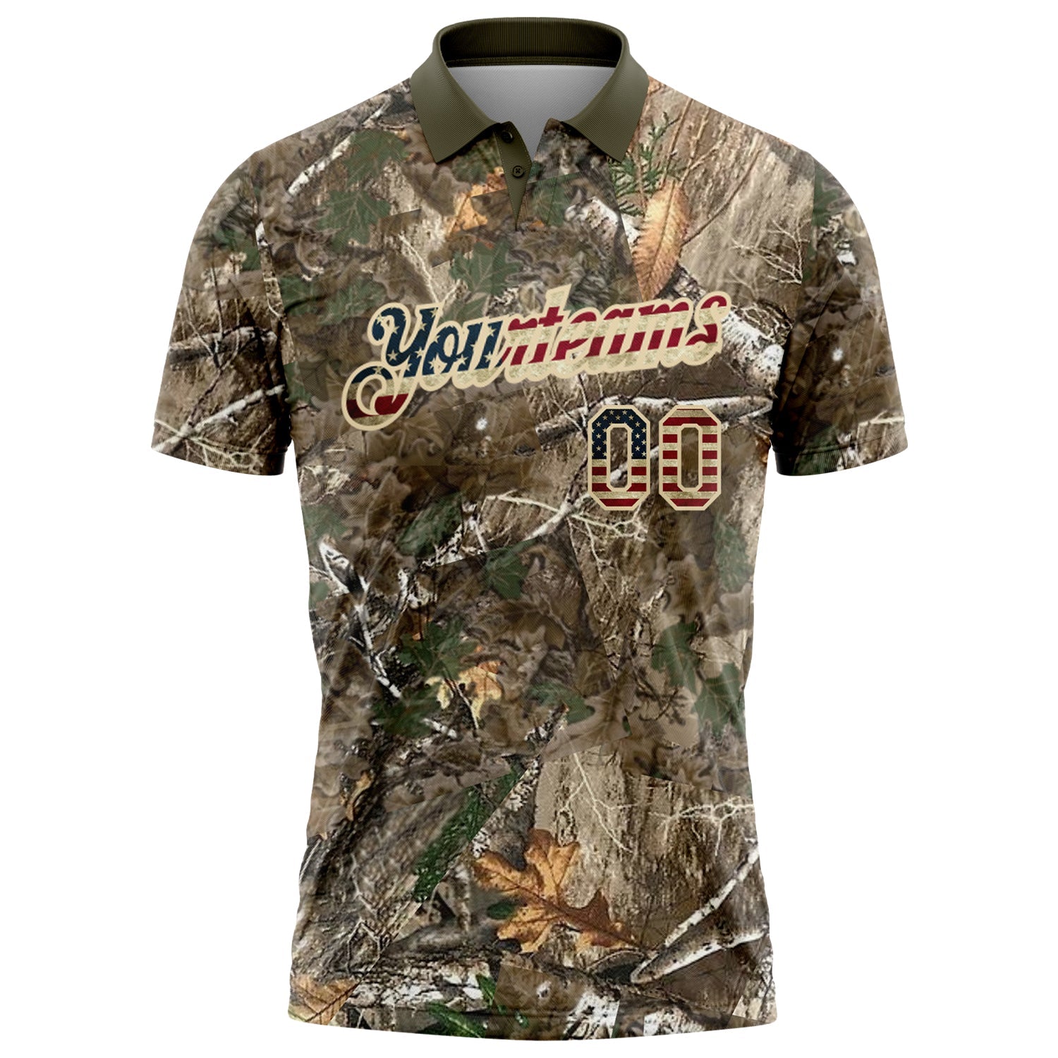 Custom Camo Vintage USA Flag Cream-Olive Camo Woodland Forest Camouflage Salute To Service Patriotic Performance Polo Shirt view 2