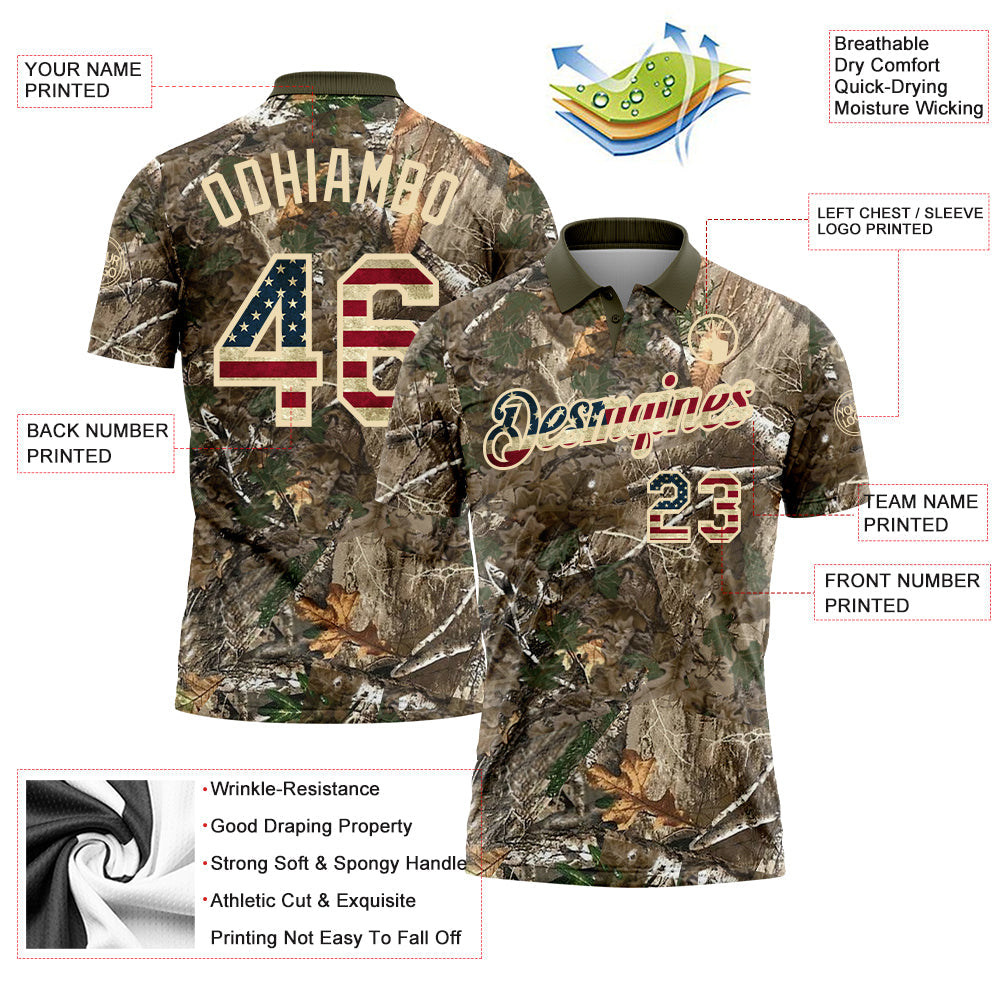 Custom Camo Vintage USA Flag Cream-Olive Camo Woodland Forest Camouflage Salute To Service Patriotic Performance Polo Shirt view 3
