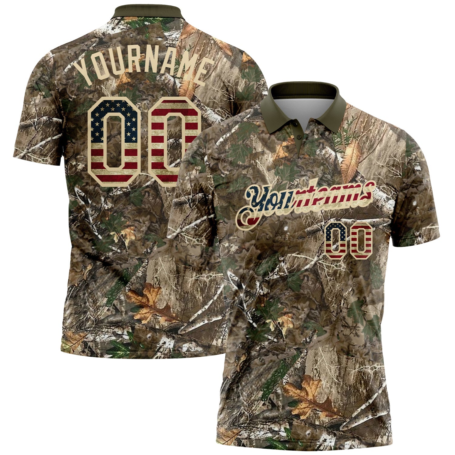 Custom Camo Vintage USA Flag Cream-Olive Camo Woodland Forest Camouflage Salute To Service Patriotic Performance Polo Shirt - Main View