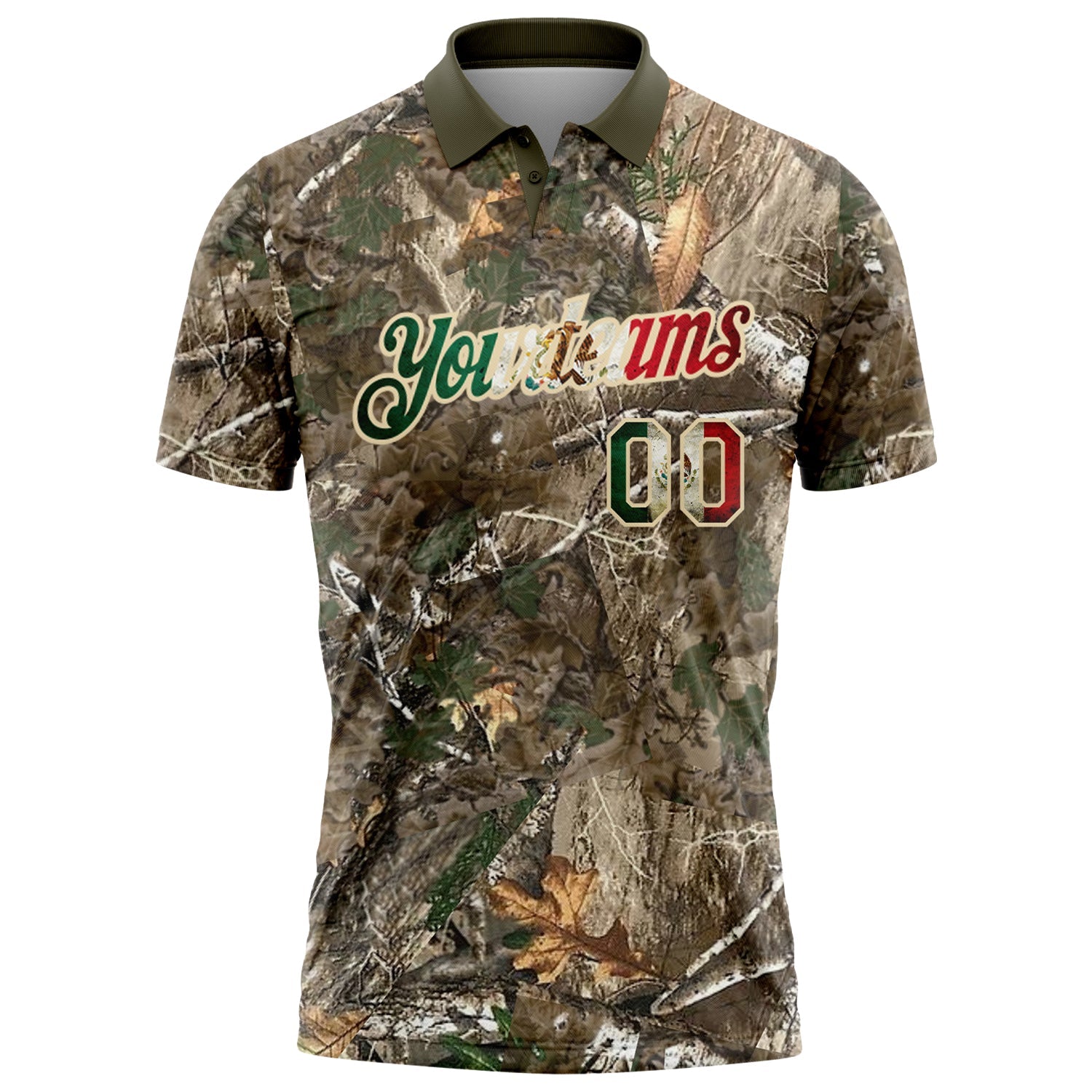Custom Camo Vintage Mexican Flag Cream-Olive Camo Woodland Forest Camouflage Salute To Service Patriotic Performance Polo Shirt view 2