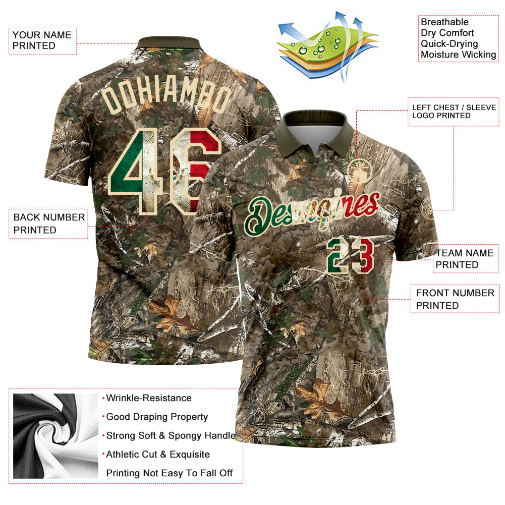 Custom Camo Vintage Mexican Flag Cream-Olive Camo Woodland Forest Camouflage Salute To Service Patriotic Performance Polo Shirt view 3