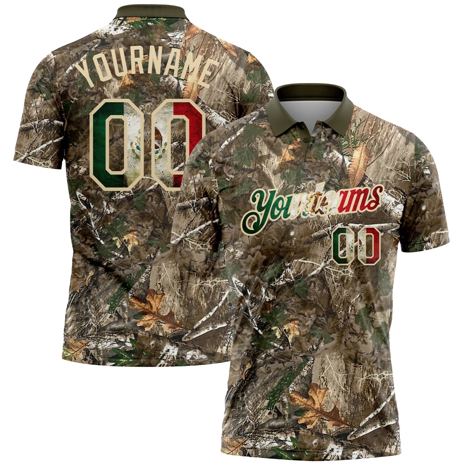 Custom Camo Vintage Mexican Flag Cream-Olive Camo Woodland Forest Camouflage Salute To Service Patriotic Performance Polo Shirt - Main View