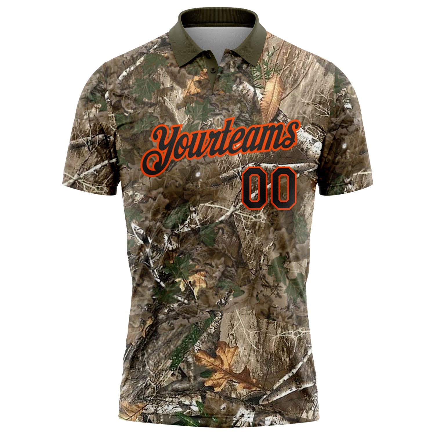 Custom Camo Black Orange-Olive Camo Woodland Forest Camouflage Salute To Service Performance Polo Shirt view 2