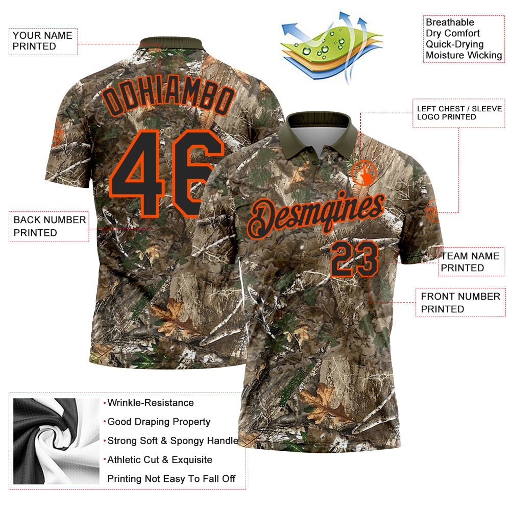 Custom Camo Black Orange-Olive Camo Woodland Forest Camouflage Salute To Service Performance Polo Shirt view 3