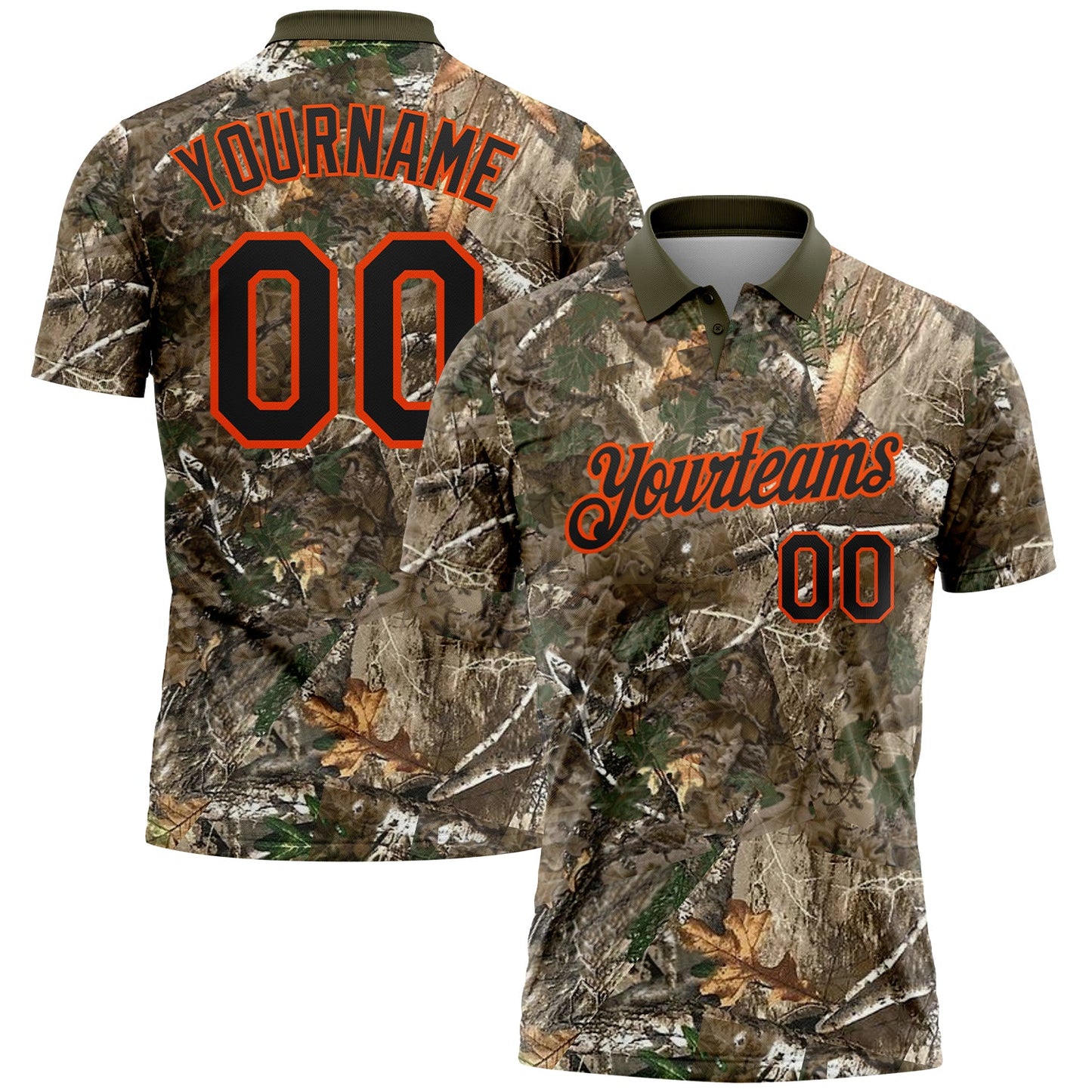 Custom Camo Black Orange-Olive Camo Woodland Forest Camouflage Salute To Service Performance Polo Shirt - Main View
