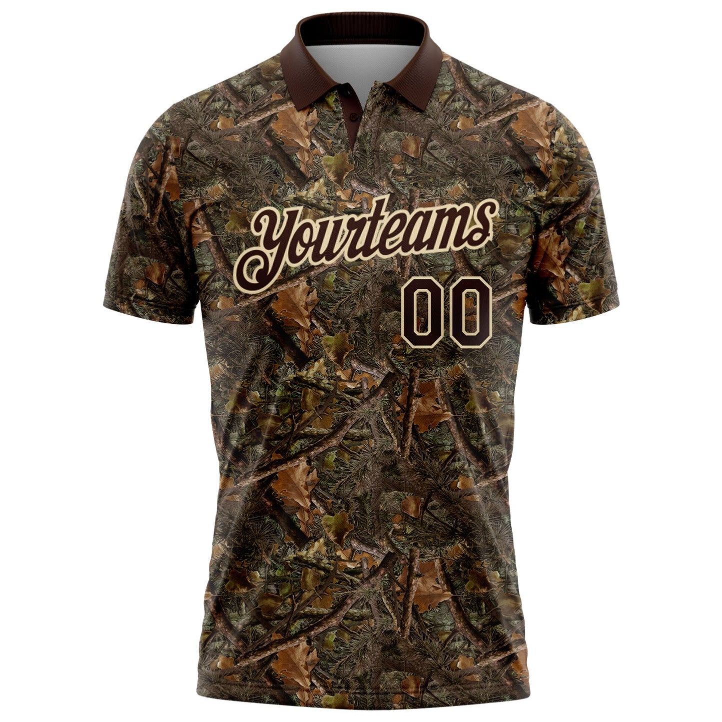 Custom Camo Brown-Cream Camo Woodland Forest Camouflage Salute To Service Performance Polo Shirt view 2