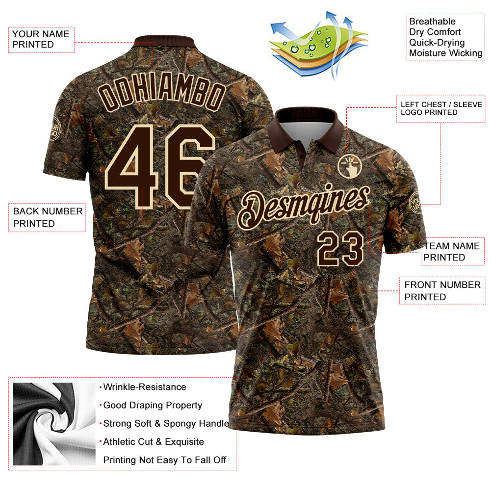 Custom Camo Brown-Cream Camo Woodland Forest Camouflage Salute To Service Performance Polo Shirt view 3