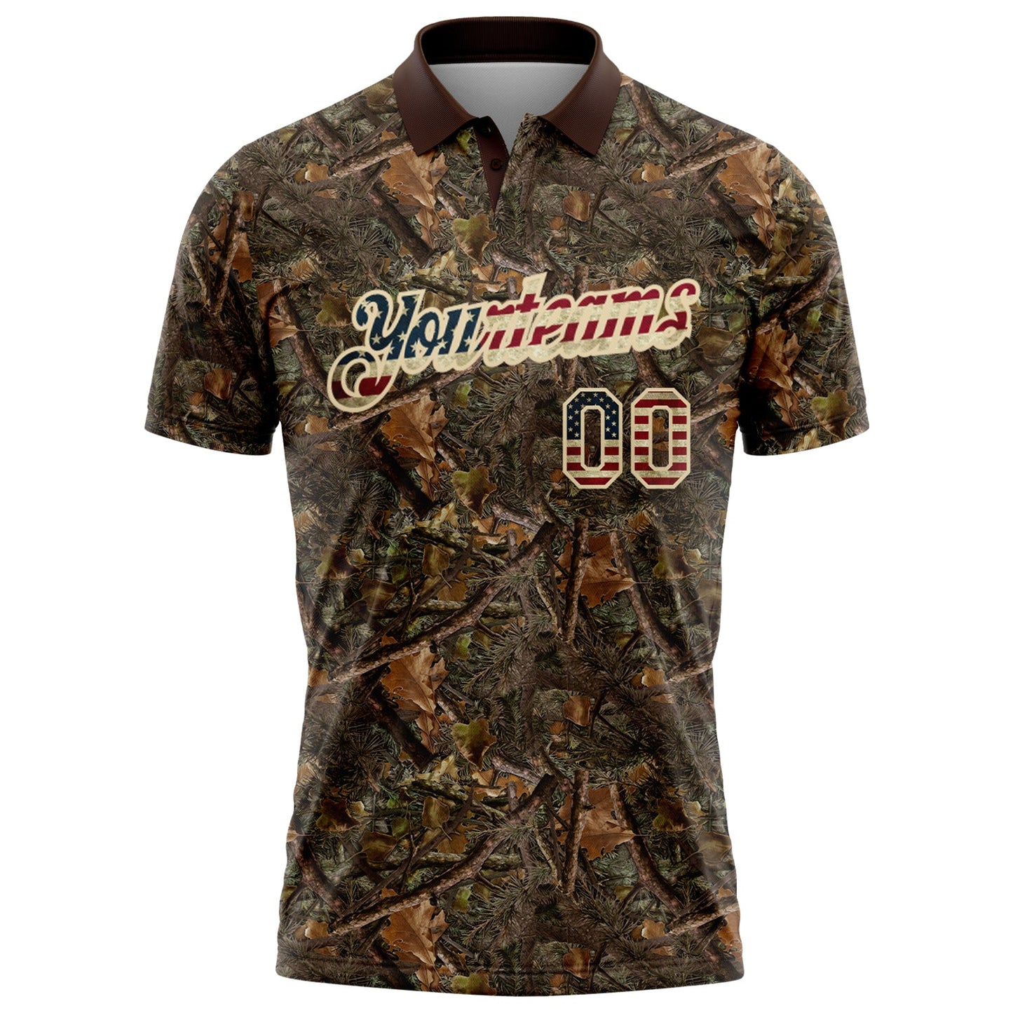 Custom Camo Vintage USA Flag Cream-Brown Camo Woodland Forest Camouflage Salute To Service Patriotic Performance Polo Shirt view 2