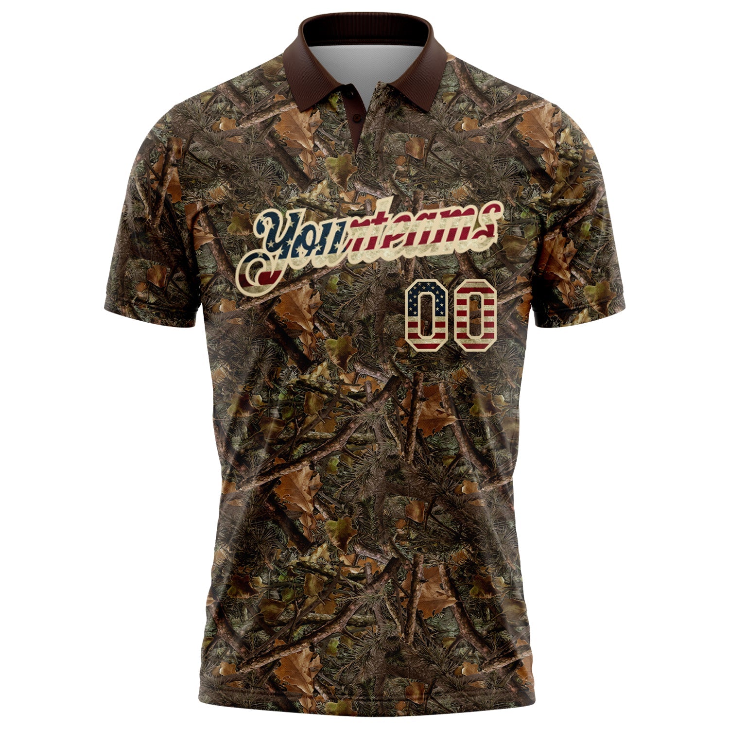 Custom Camo Vintage USA Flag Cream-Brown Camo Woodland Forest Camouflage Salute To Service Patriotic Performance Polo Shirt view 2