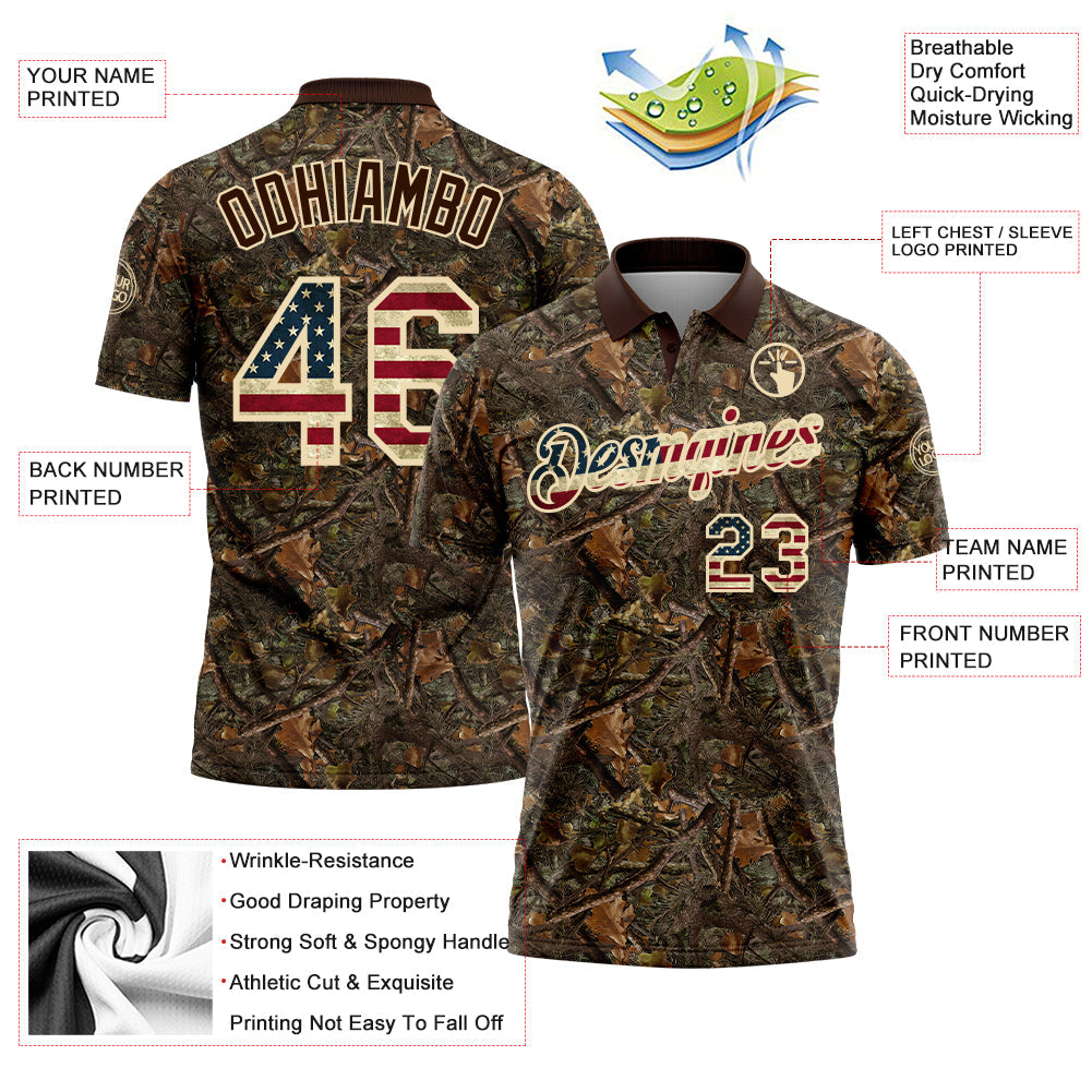 Custom Camo Vintage USA Flag Cream-Brown Camo Woodland Forest Camouflage Salute To Service Patriotic Performance Polo Shirt view 3