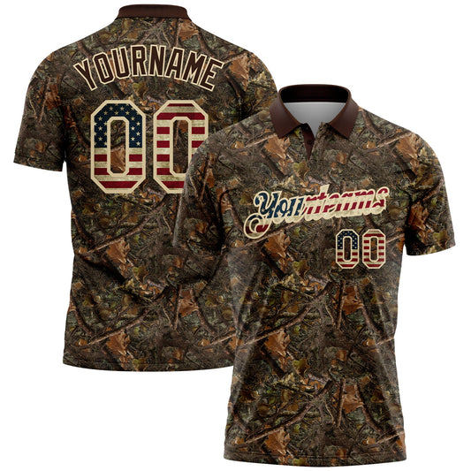 Custom Camo Vintage USA Flag Cream-Brown Camo Woodland Forest Camouflage Salute To Service Patriotic Performance Polo Shirt - Main View