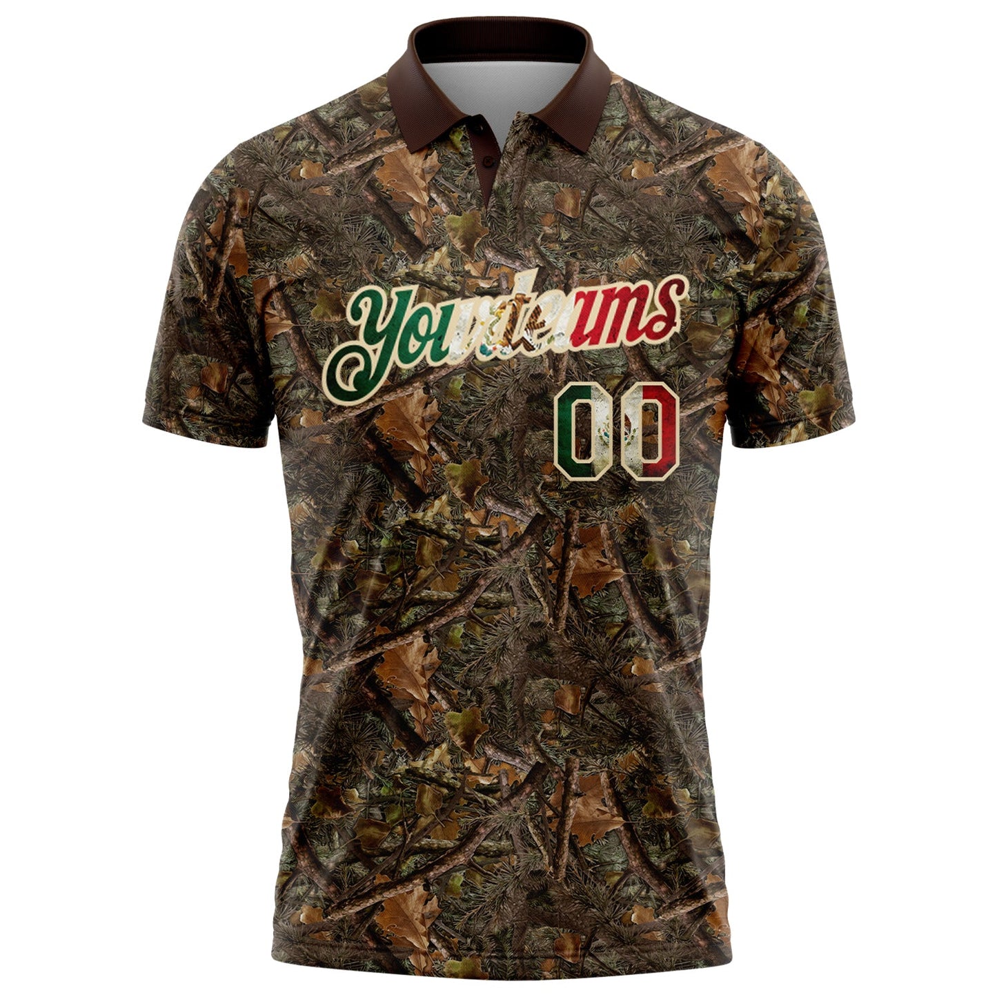 Custom Camo Vintage Mexican Flag Cream-Brown Camo Woodland Forest Camouflage Salute To Service Patriotic Performance Polo Shirt view 2