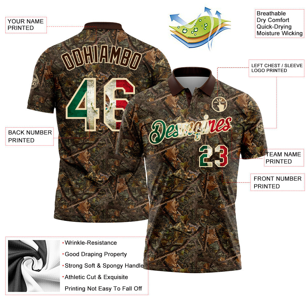 Custom Camo Vintage Mexican Flag Cream-Brown Camo Woodland Forest Camouflage Salute To Service Patriotic Performance Polo Shirt view 3