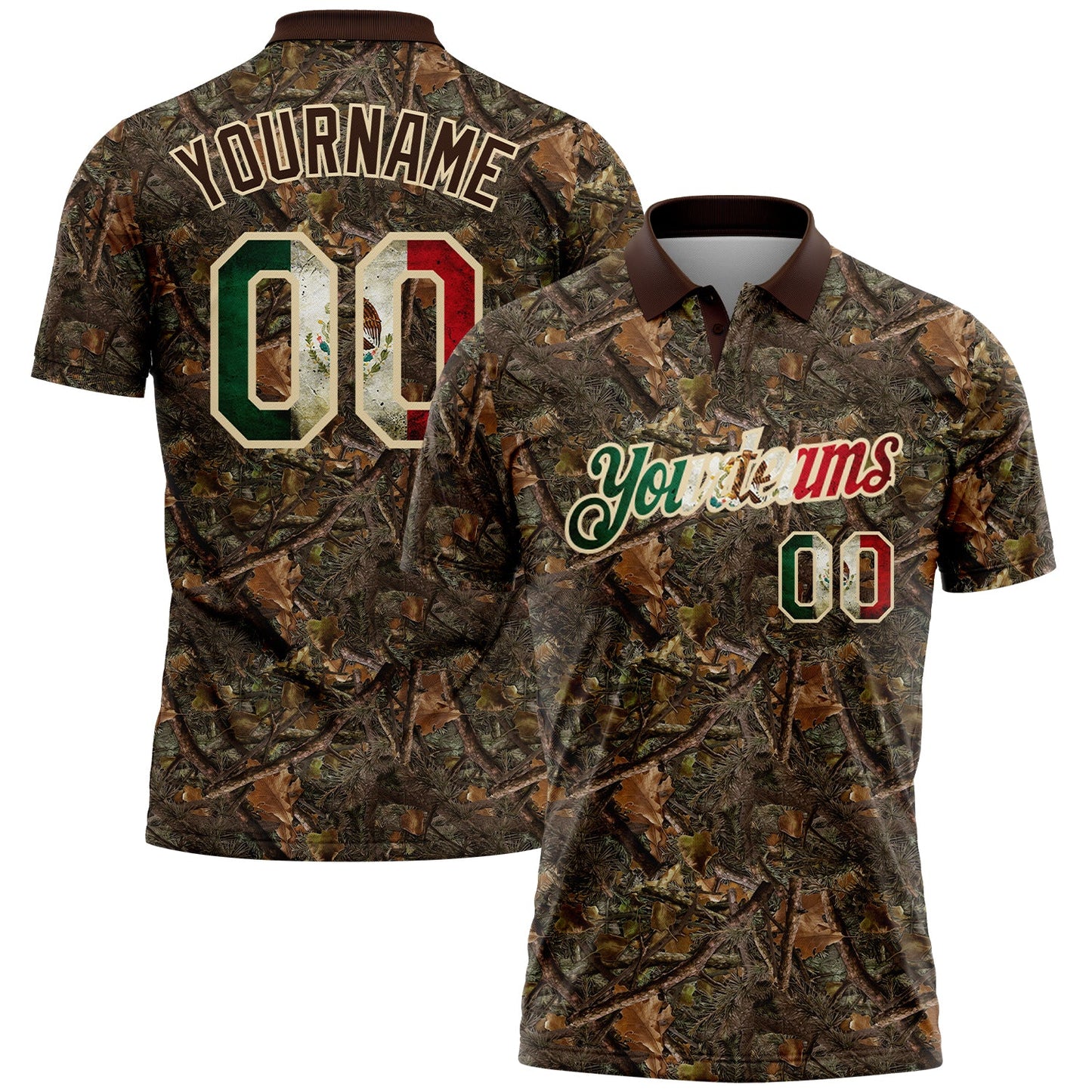 Custom Camo Vintage Mexican Flag Cream-Brown Camo Woodland Forest Camouflage Salute To Service Patriotic Performance Polo Shirt - Main View