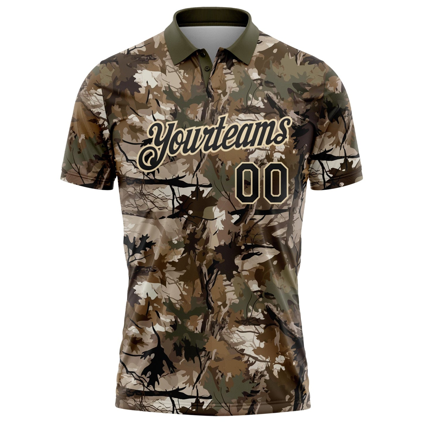 Custom Camo Black Cream-Olive Camo Woodland Forest Camouflage Salute To Service Performance Polo Shirt view 2