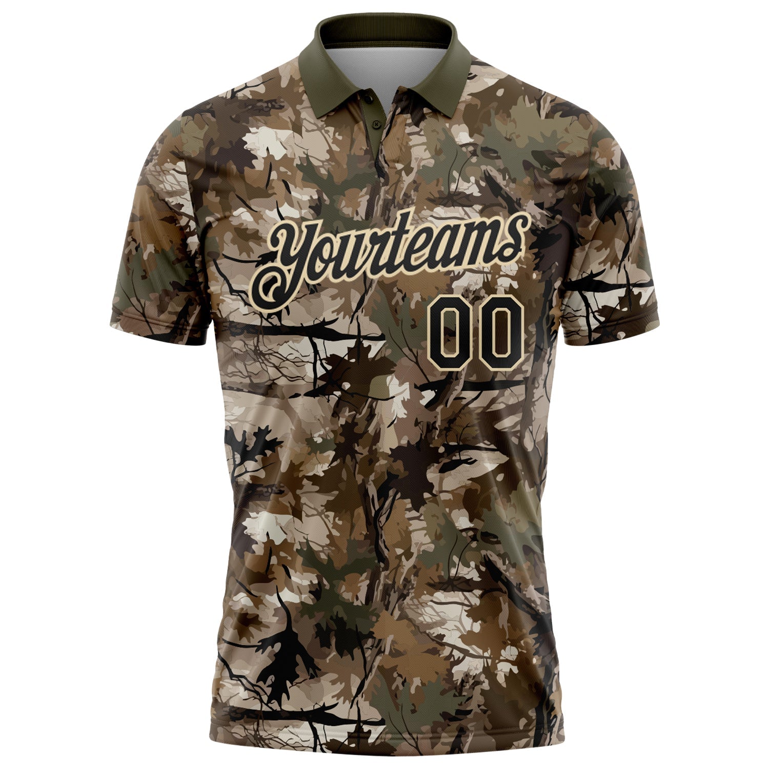Custom Camo Black Cream-Olive Camo Woodland Forest Camouflage Salute To Service Performance Polo Shirt view 2
