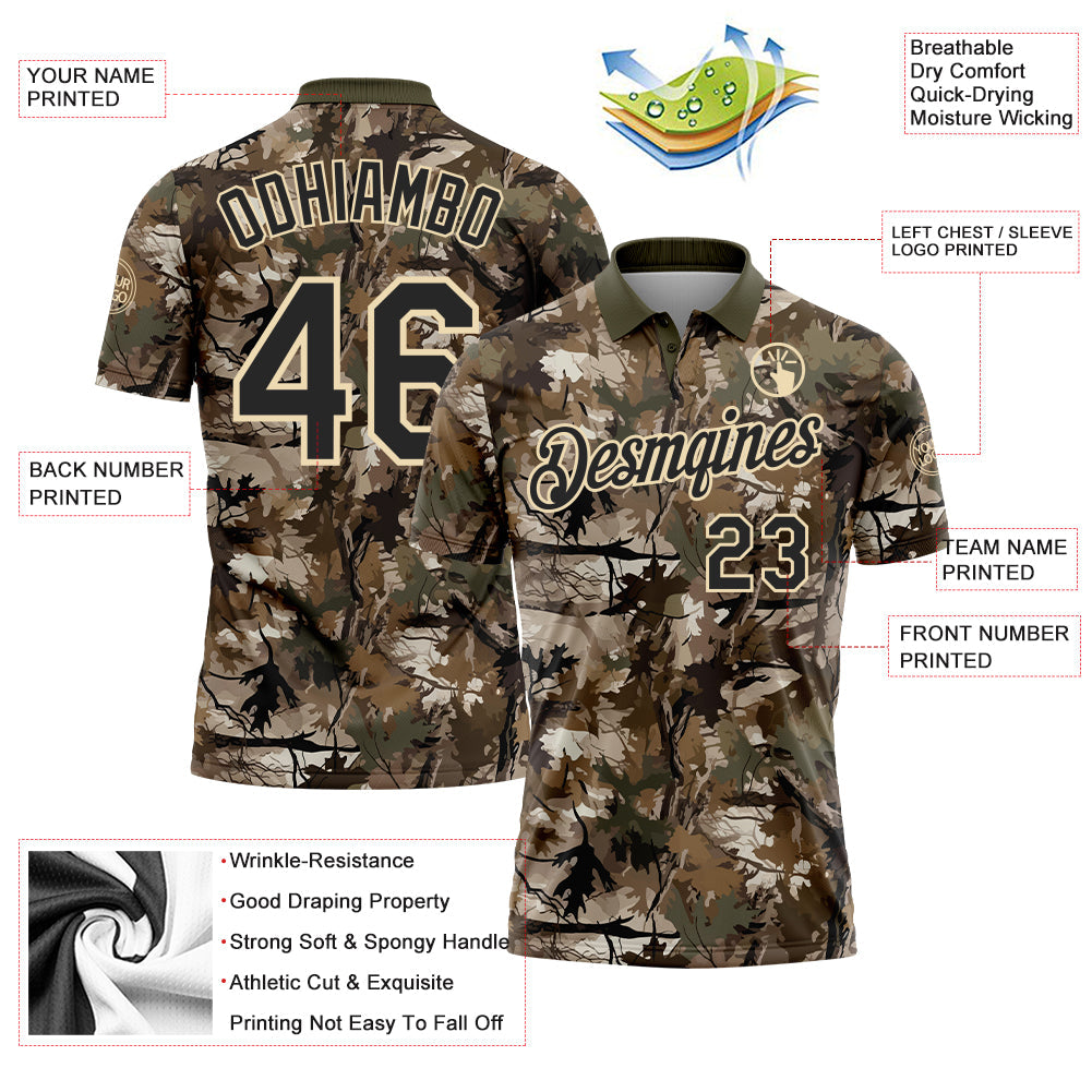 Custom Camo Black Cream-Olive Camo Woodland Forest Camouflage Salute To Service Performance Polo Shirt view 3