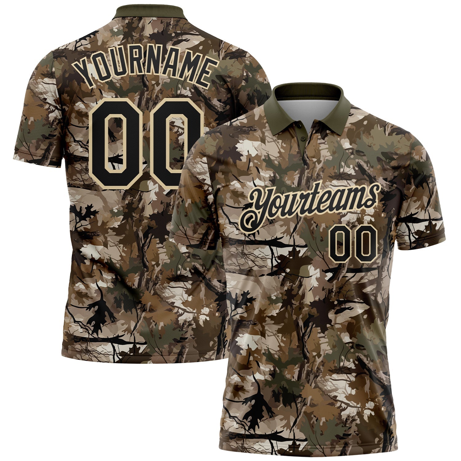 Custom Camo Black Cream-Olive Camo Woodland Forest Camouflage Salute To Service Performance Polo Shirt - Main View