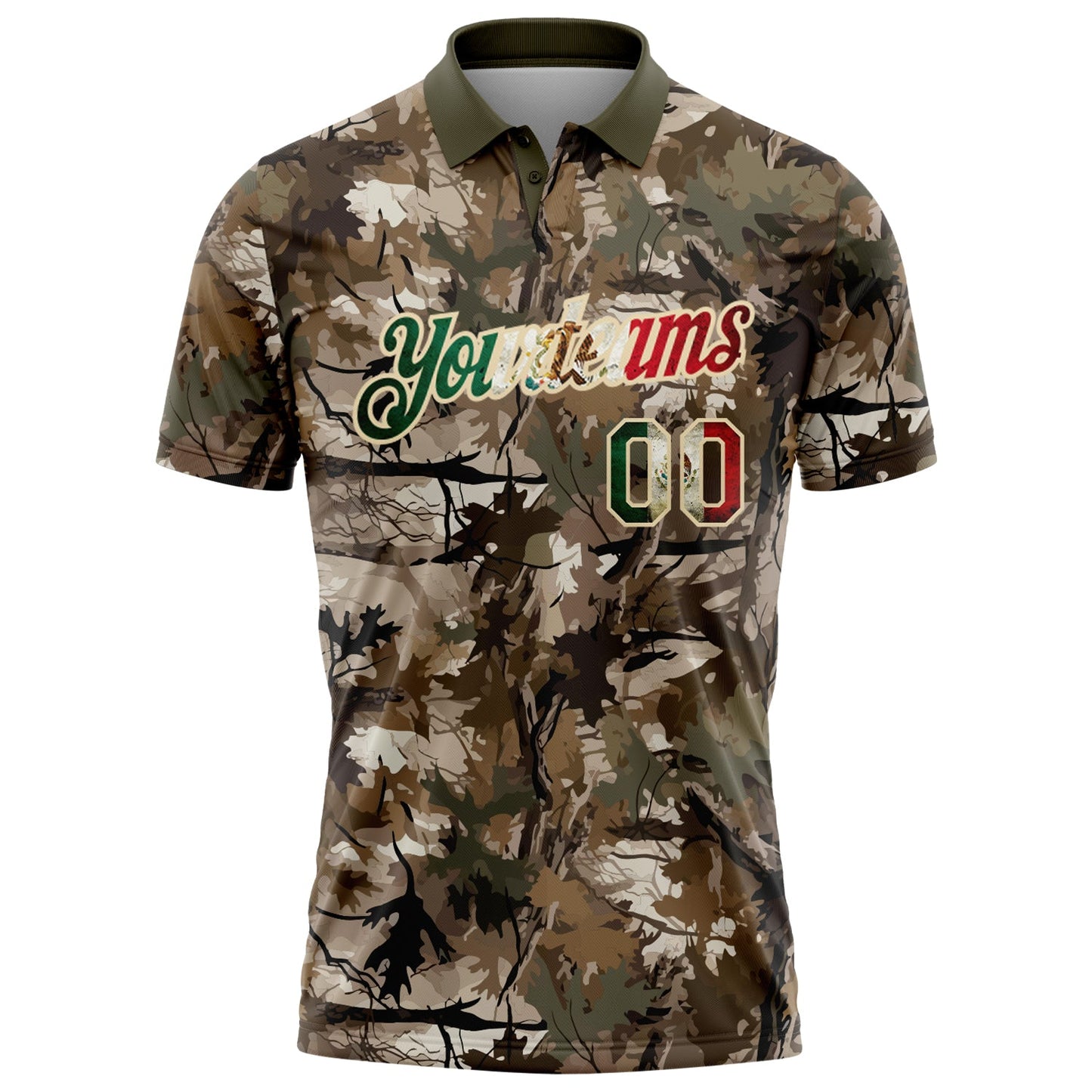 Custom Camo Vintage Mexican Flag Cream-Olive Camo Woodland Forest Camouflage Salute To Service Patriotic Performance Polo Shirt view 2