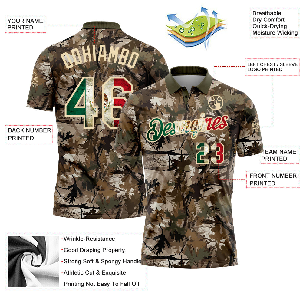 Custom Camo Vintage Mexican Flag Cream-Olive Camo Woodland Forest Camouflage Salute To Service Patriotic Performance Polo Shirt view 3