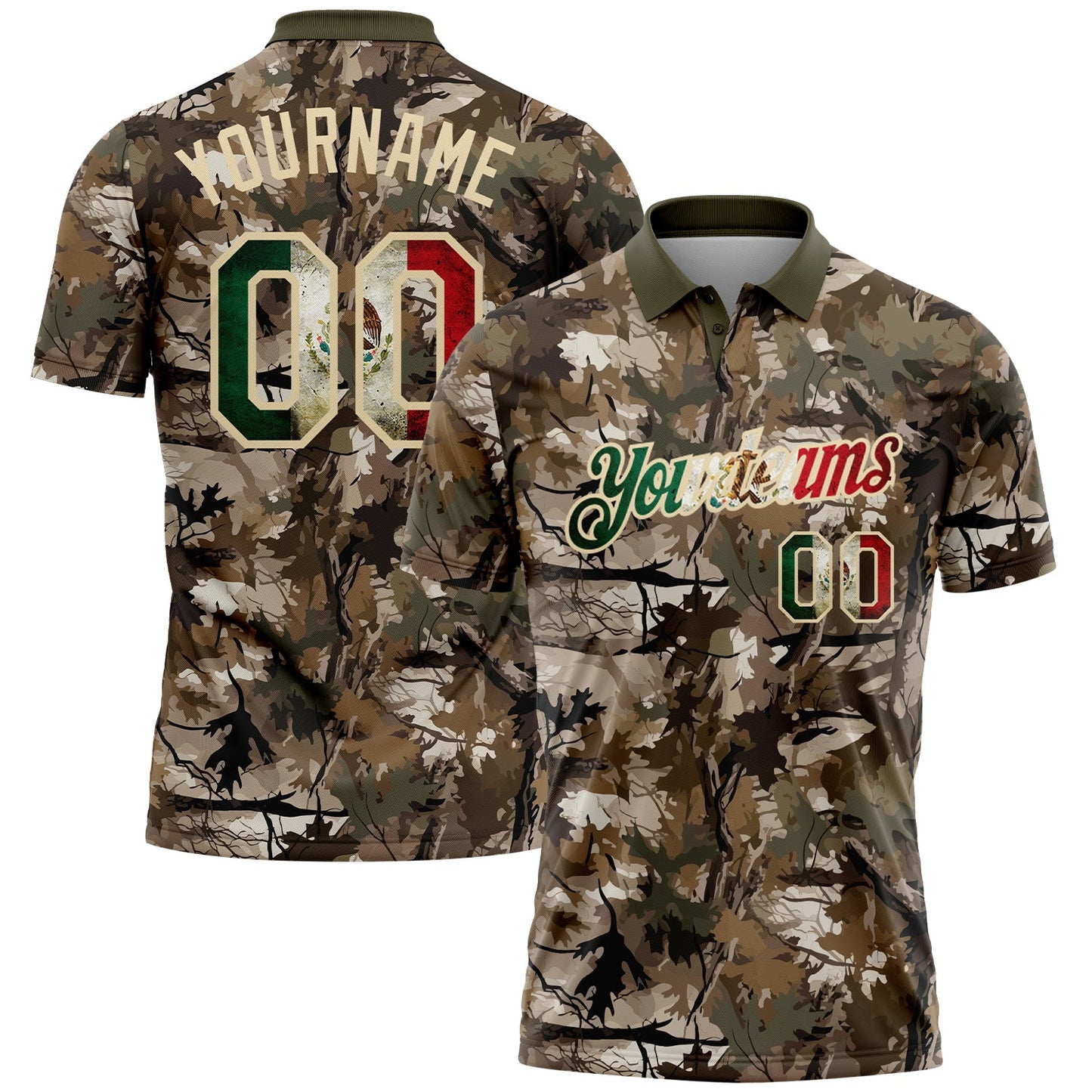 Custom Camo Vintage Mexican Flag Cream-Olive Camo Woodland Forest Camouflage Salute To Service Patriotic Performance Polo Shirt - Main View
