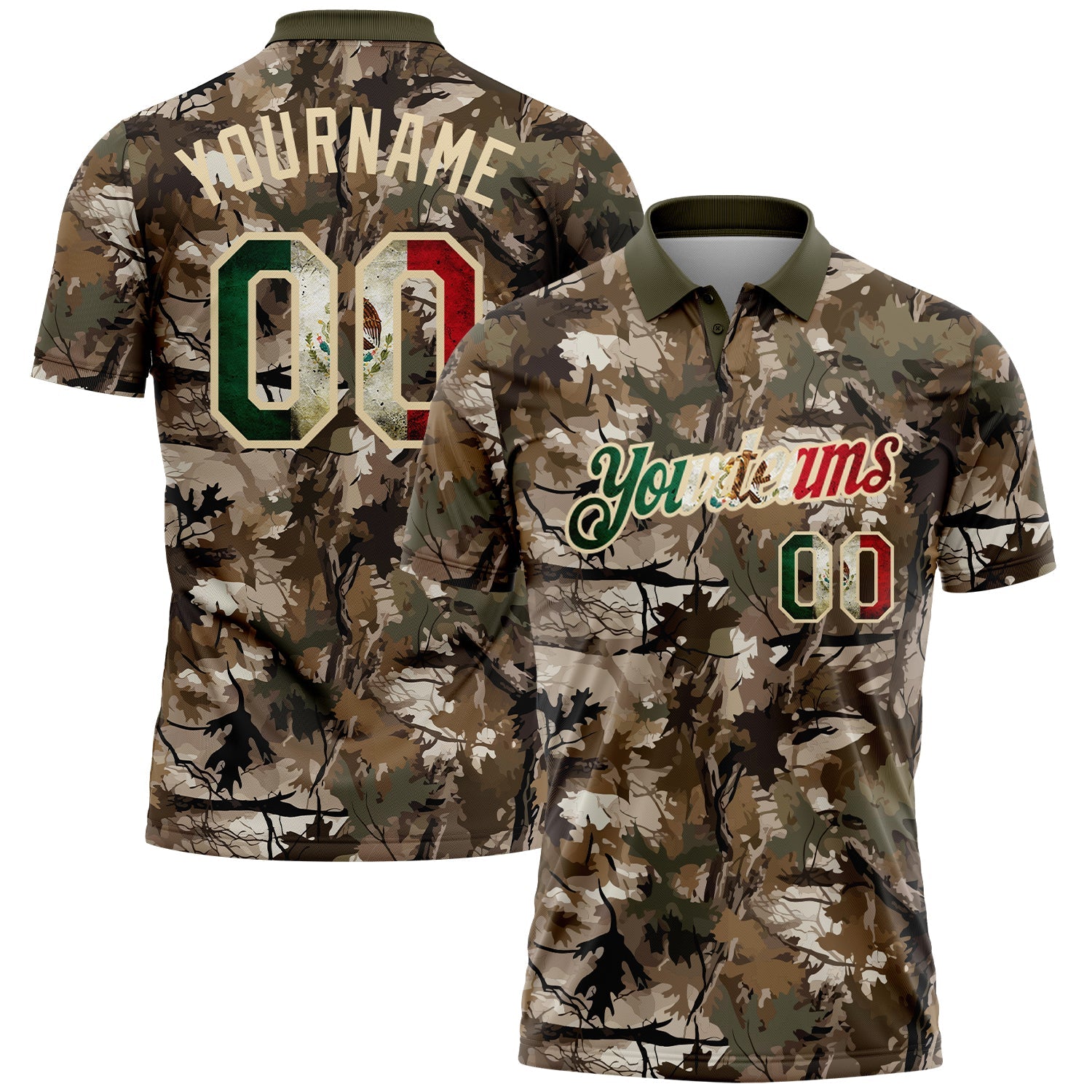 Custom Camo Vintage Mexican Flag Cream-Olive Camo Woodland Forest Camouflage Salute To Service Patriotic Performance Polo Shirt - Main View