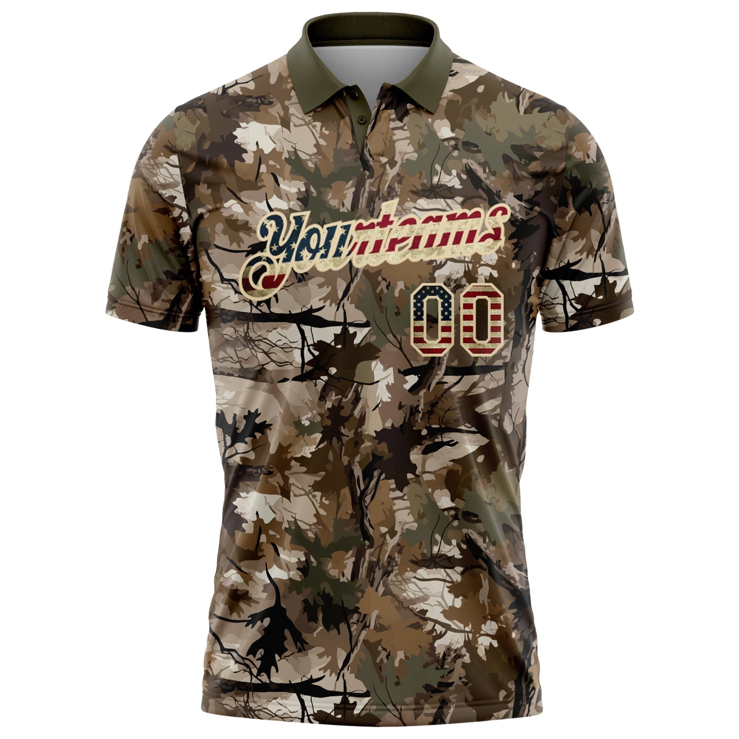 Custom Camo Vintage USA Flag Cream-Olive Camo Woodland Forest Camouflage Salute To Service Patriotic Performance Polo Shirt view 2