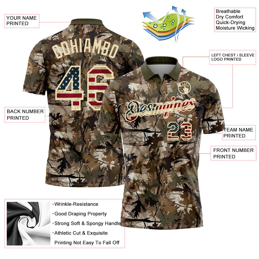 Custom Camo Vintage USA Flag Cream-Olive Camo Woodland Forest Camouflage Salute To Service Patriotic Performance Polo Shirt view 3