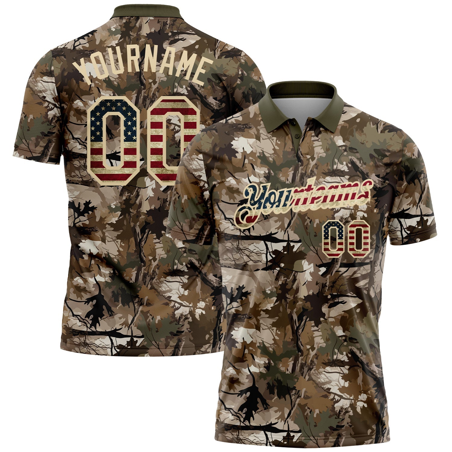 Custom Camo Vintage USA Flag Cream-Olive Camo Woodland Forest Camouflage Salute To Service Patriotic Performance Polo Shirt - Main View