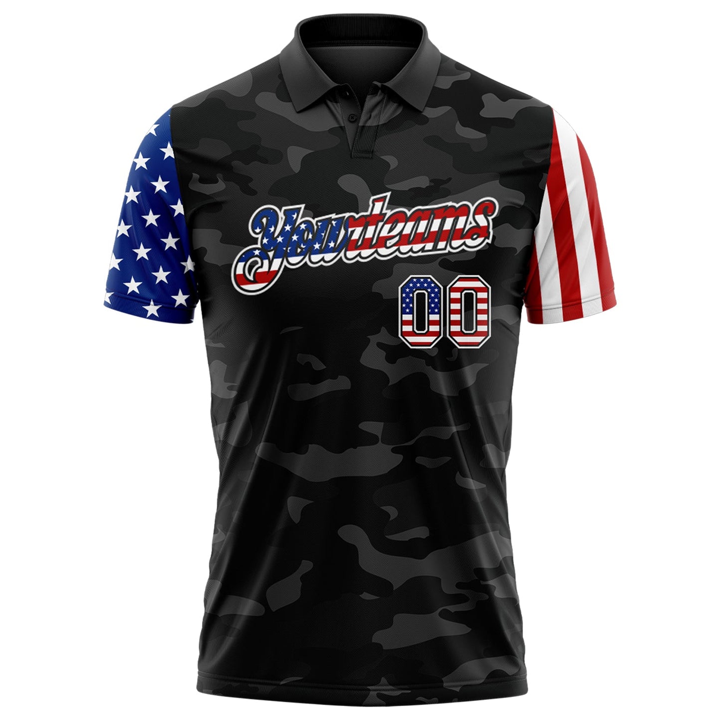 Custom Camo USA Flag Black-White Stars & Stripes Two Tone Salute To Service Patriotic Performance Polo Shirt view 2