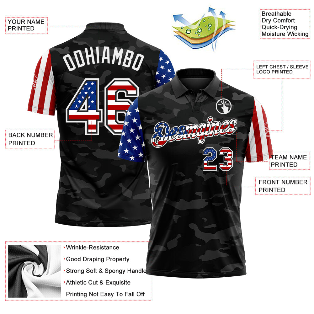 Custom Camo USA Flag Black-White Stars & Stripes Two Tone Salute To Service Patriotic Performance Polo Shirt view 3