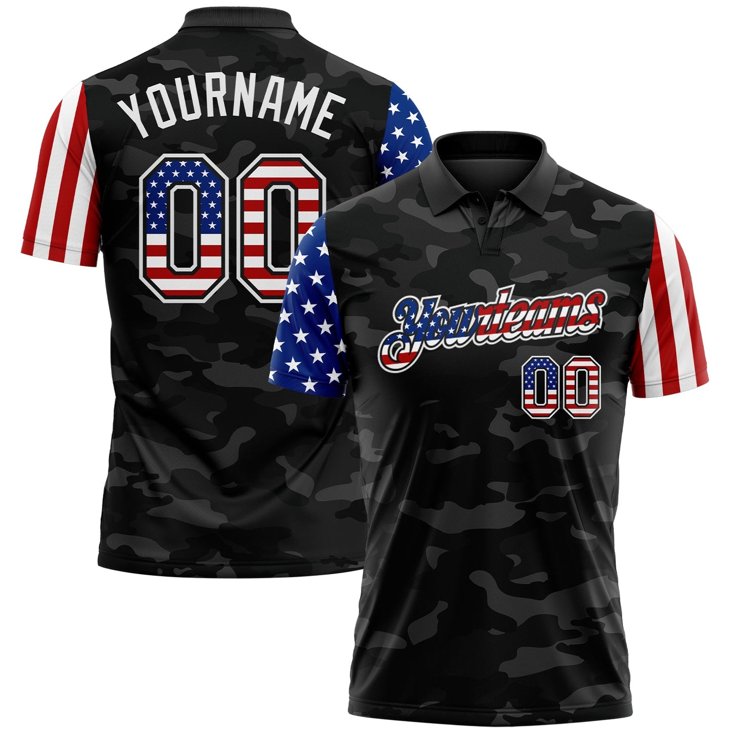 Custom Camo USA Flag Black-White Stars & Stripes Two Tone Salute To Service Patriotic Performance Polo Shirt - Main View