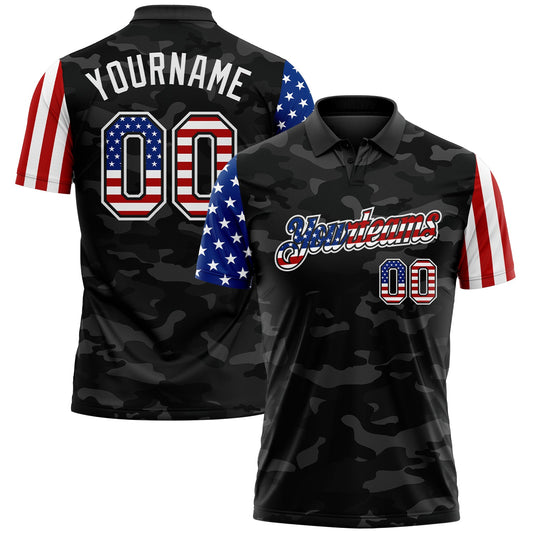 Custom Camo USA Flag Black-White Stars & Stripes Two Tone Salute To Service Patriotic Performance Polo Shirt - Main View