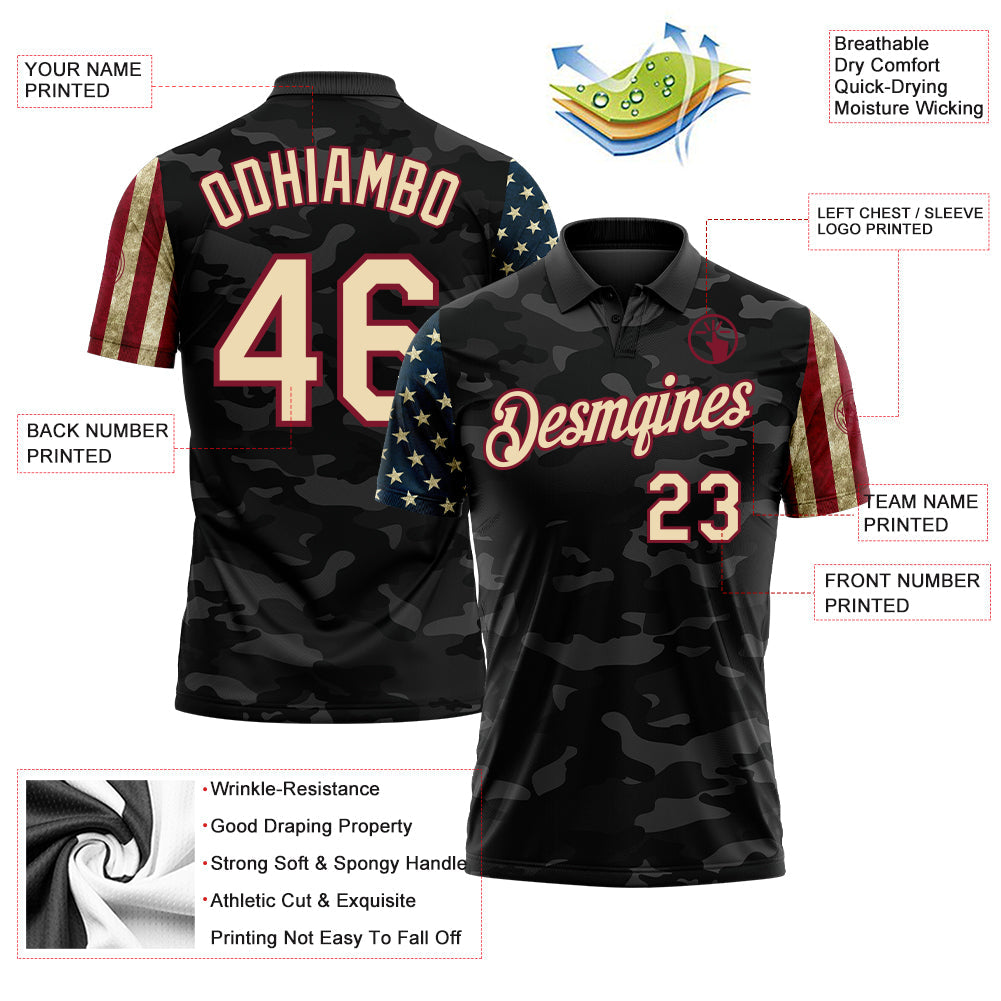 Custom Camo Cream Crimson-Black Stars & Stripes Two Tone Salute To Service Patriotic Performance Polo Shirt view 3