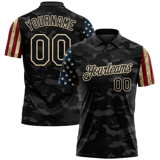 Custom Camo Black-Cream Stars & Stripes Two Tone Salute To Service Patriotic Performance Polo Shirt - Main View