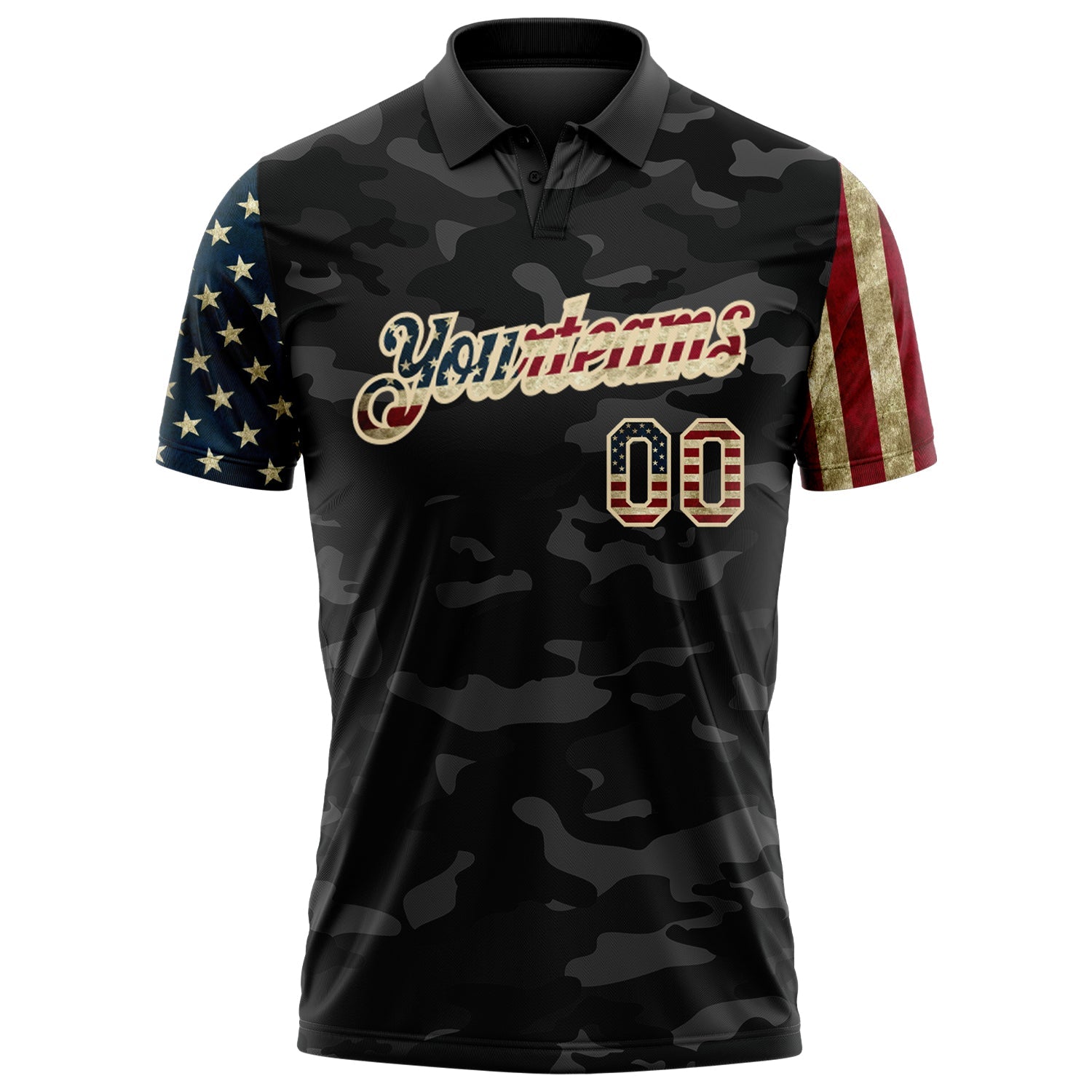 Custom Camo Vintage USA Flag Cream-Black Stars & Stripes Two Tone Salute To Service Patriotic Performance Polo Shirt view 2