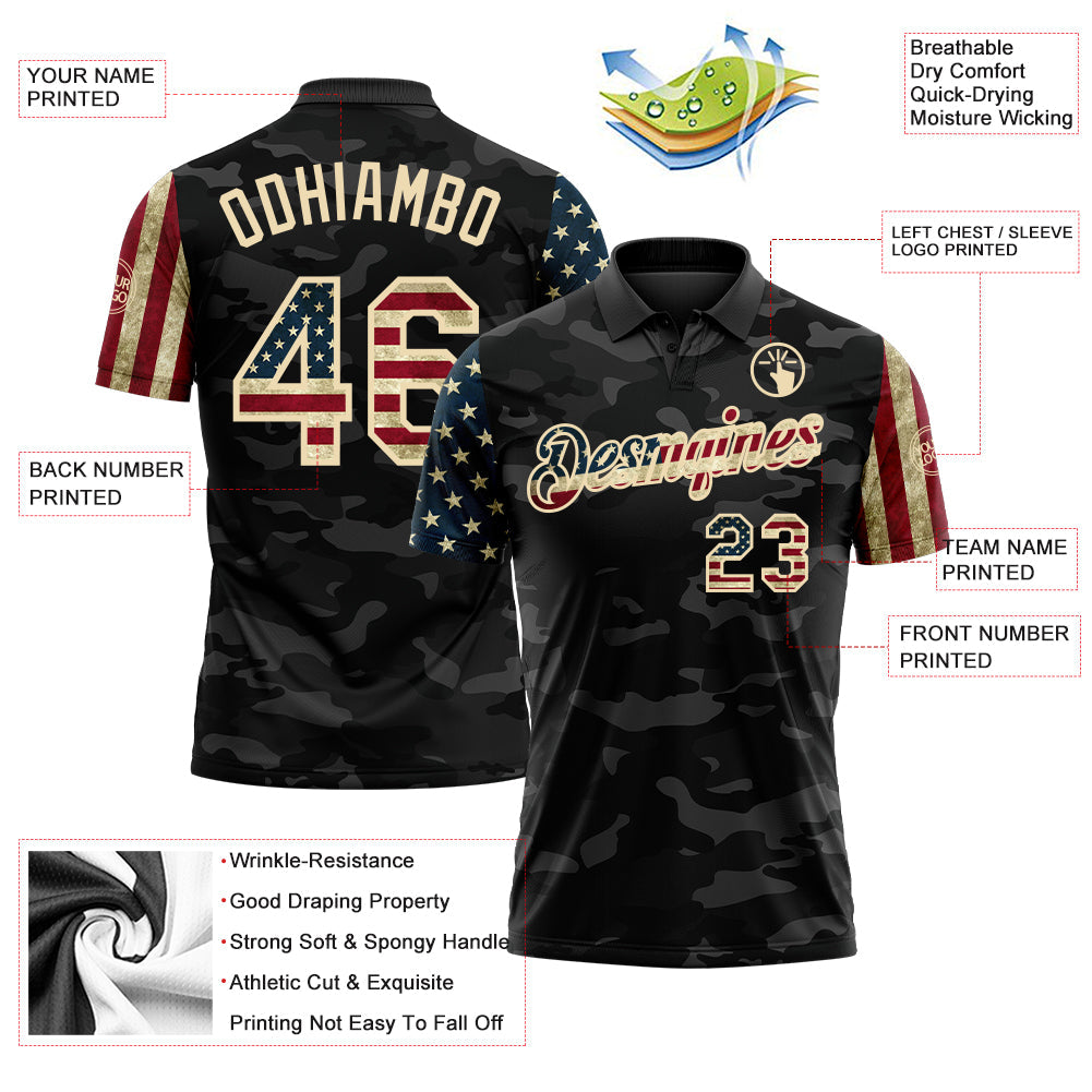 Custom Camo Vintage USA Flag Cream-Black Stars & Stripes Two Tone Salute To Service Patriotic Performance Polo Shirt view 3
