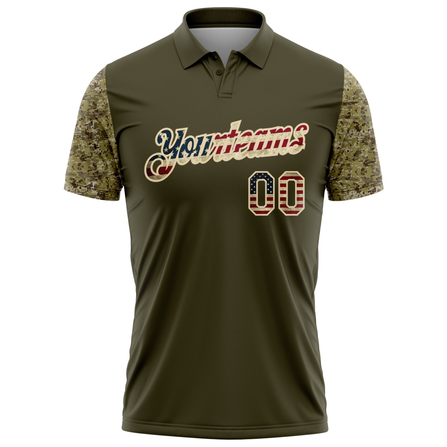 Custom Olive Vintage USA Flag-Cream Digital Camo Two Tone Patriotic Performance Polo Shirt view 2