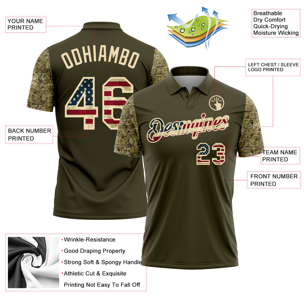 Custom Olive Vintage USA Flag-Cream Digital Camo Two Tone Patriotic Performance Polo Shirt view 3