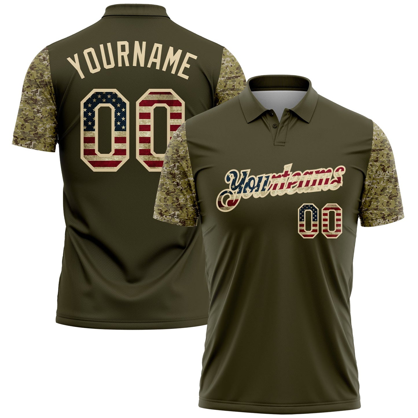 Custom Olive Vintage USA Flag-Cream Digital Camo Two Tone Patriotic Performance Polo Shirt - Main View