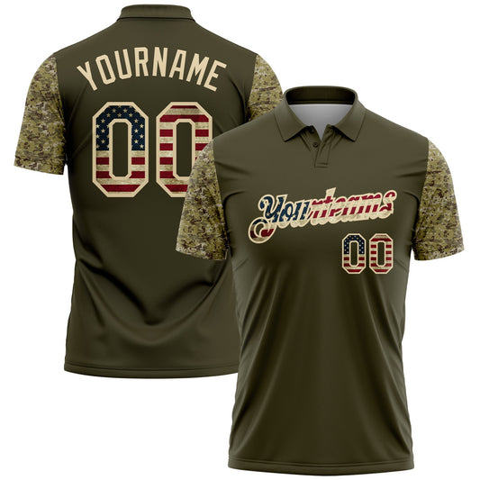 Custom Olive Vintage USA Flag-Cream Digital Camo Two Tone Patriotic Performance Polo Shirt - Main View
