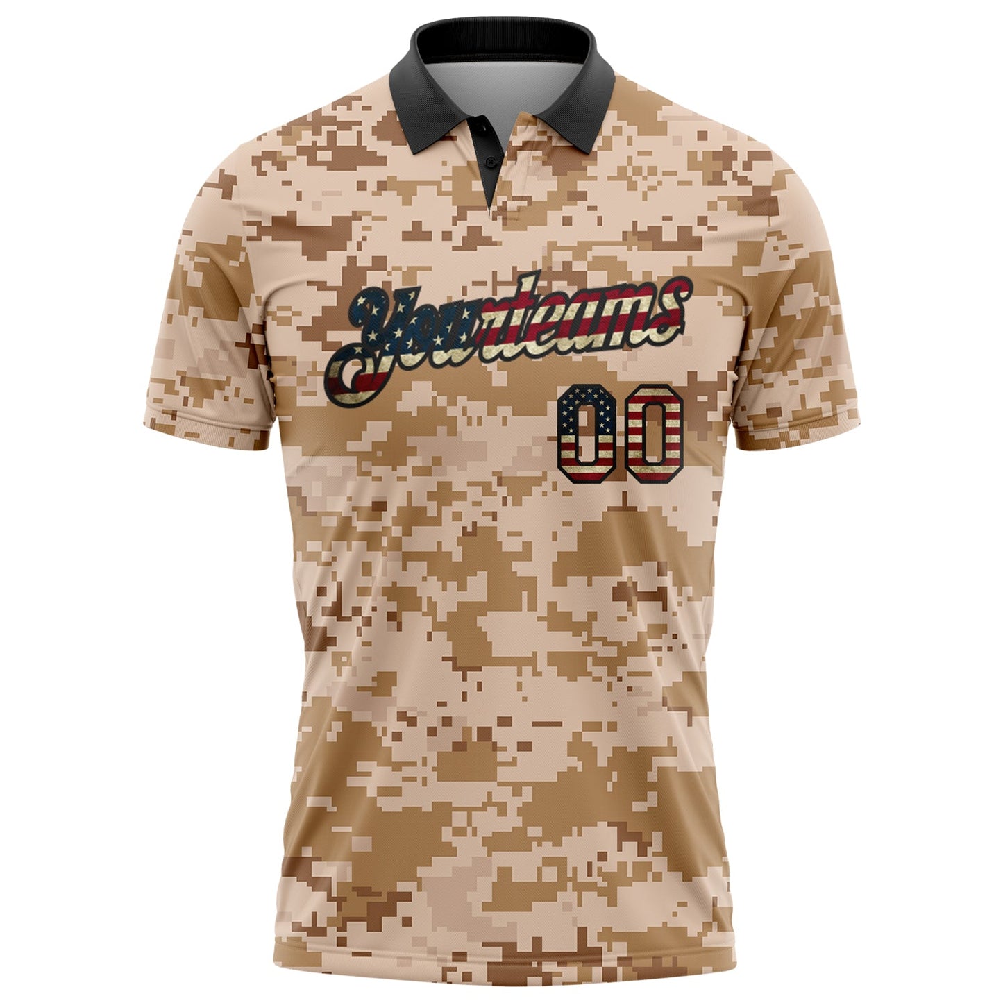 Custom Camo Vintage USA Flag-Black Patriotic Desert Camouflage Performance Polo Shirt view 2